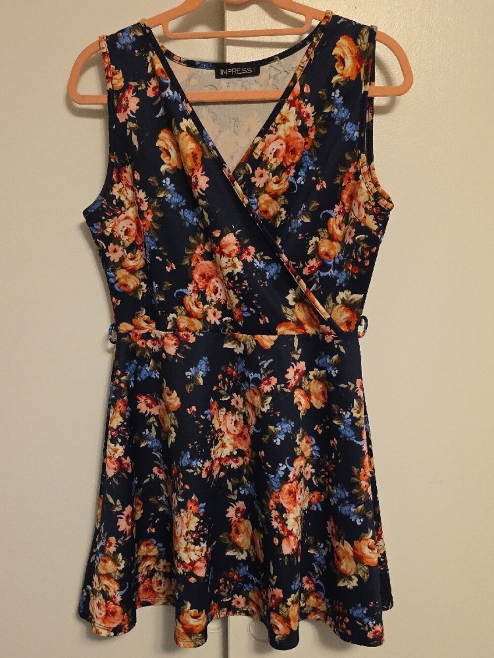 imPRESS Floral V-Neck Dress in Navy with Blue, Cream, and Peach Accents